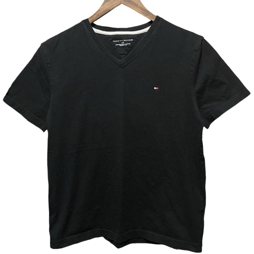 plain blank black Tommy Hilfiger small logo short sleeve V-neck T-shirt tee top